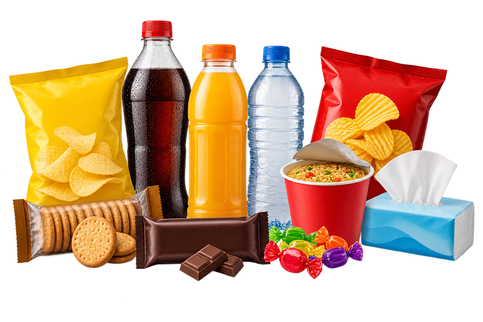 Illustrative snacks, drinks and everyday convenience essentials