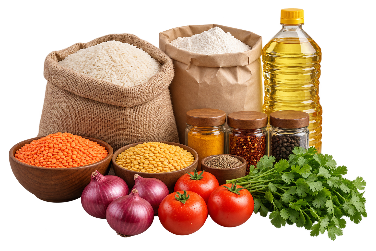 Illustrative rice, flour, pulses and vegetables