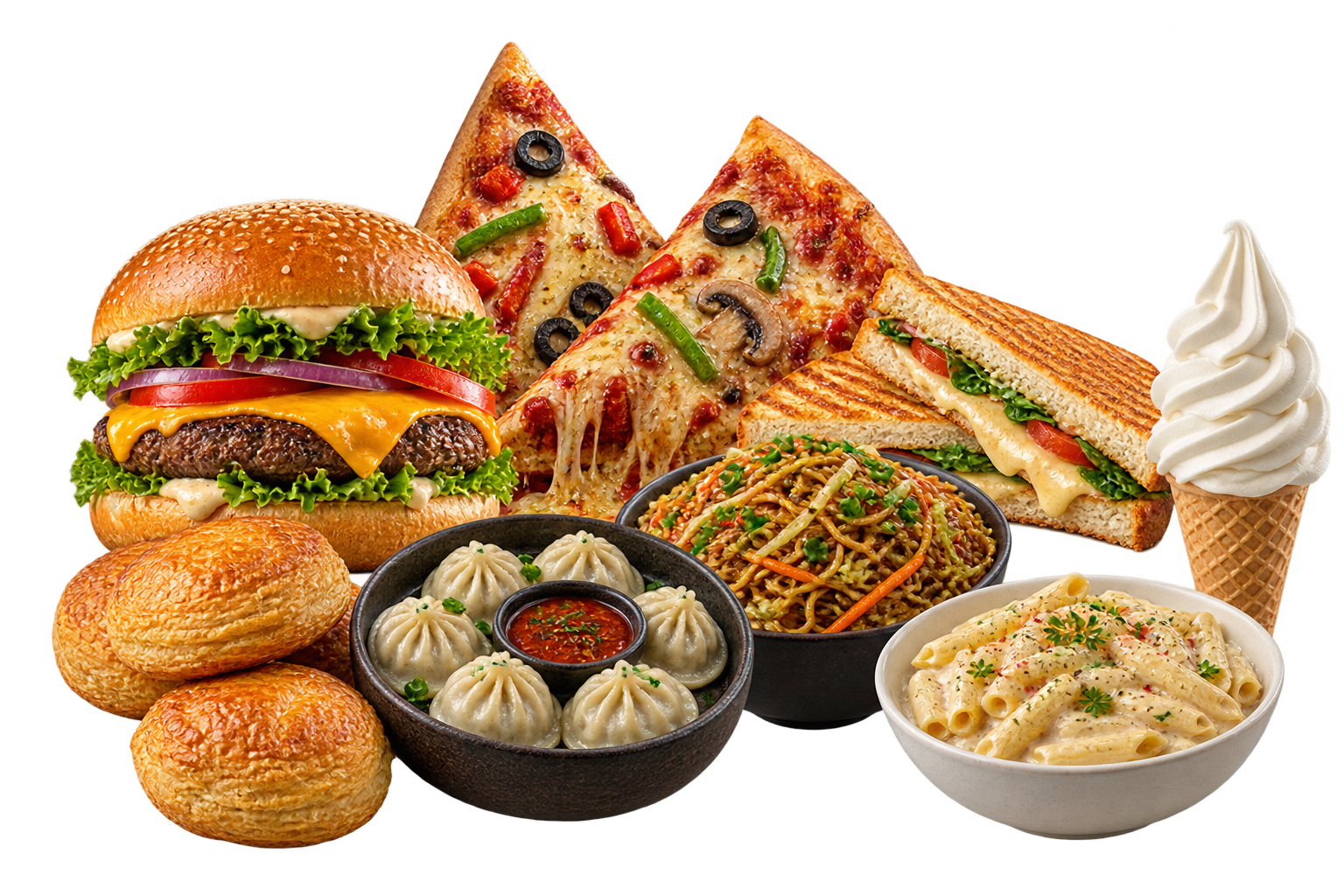 Illustrative burger, pizza, puff patty and sandwich